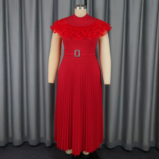 Damen plissiertes Abendkleid mit Volant-Ausschnitt und Taillengürtel EB