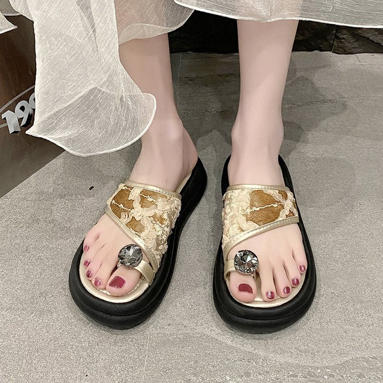 Damen trendige Flip-Flops mit floralem Dekor und funkelndem Schmuckdetail EB