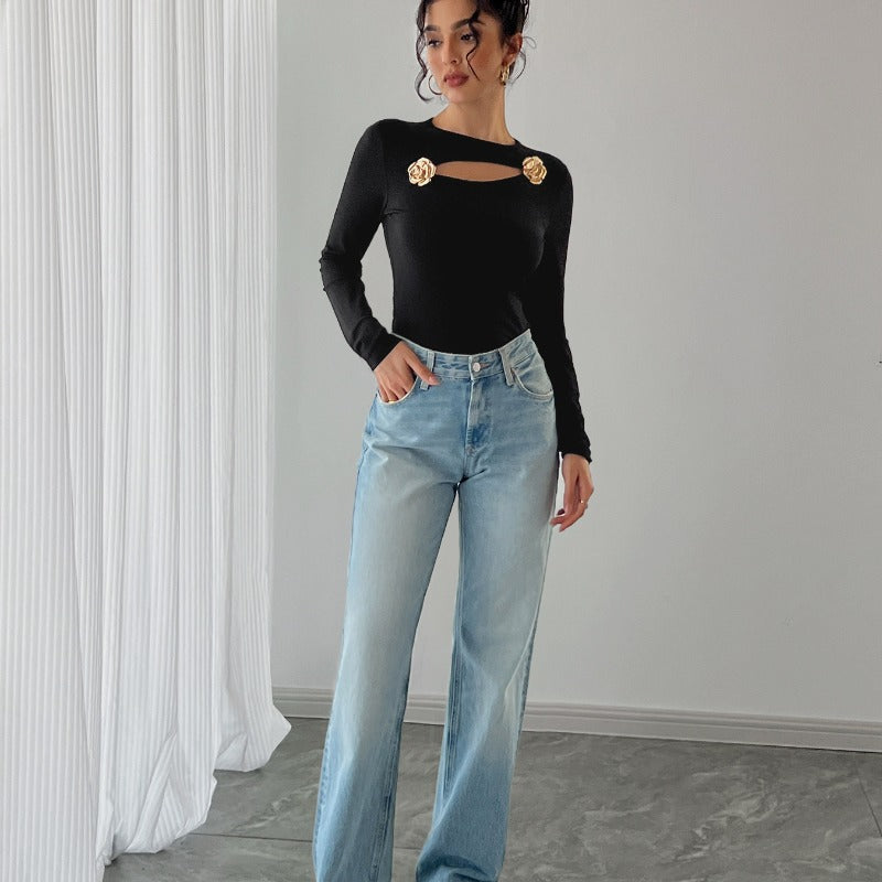 Damen Elegantes Langarm-Bodysuit mit dekorativen Blumenakzenten EB