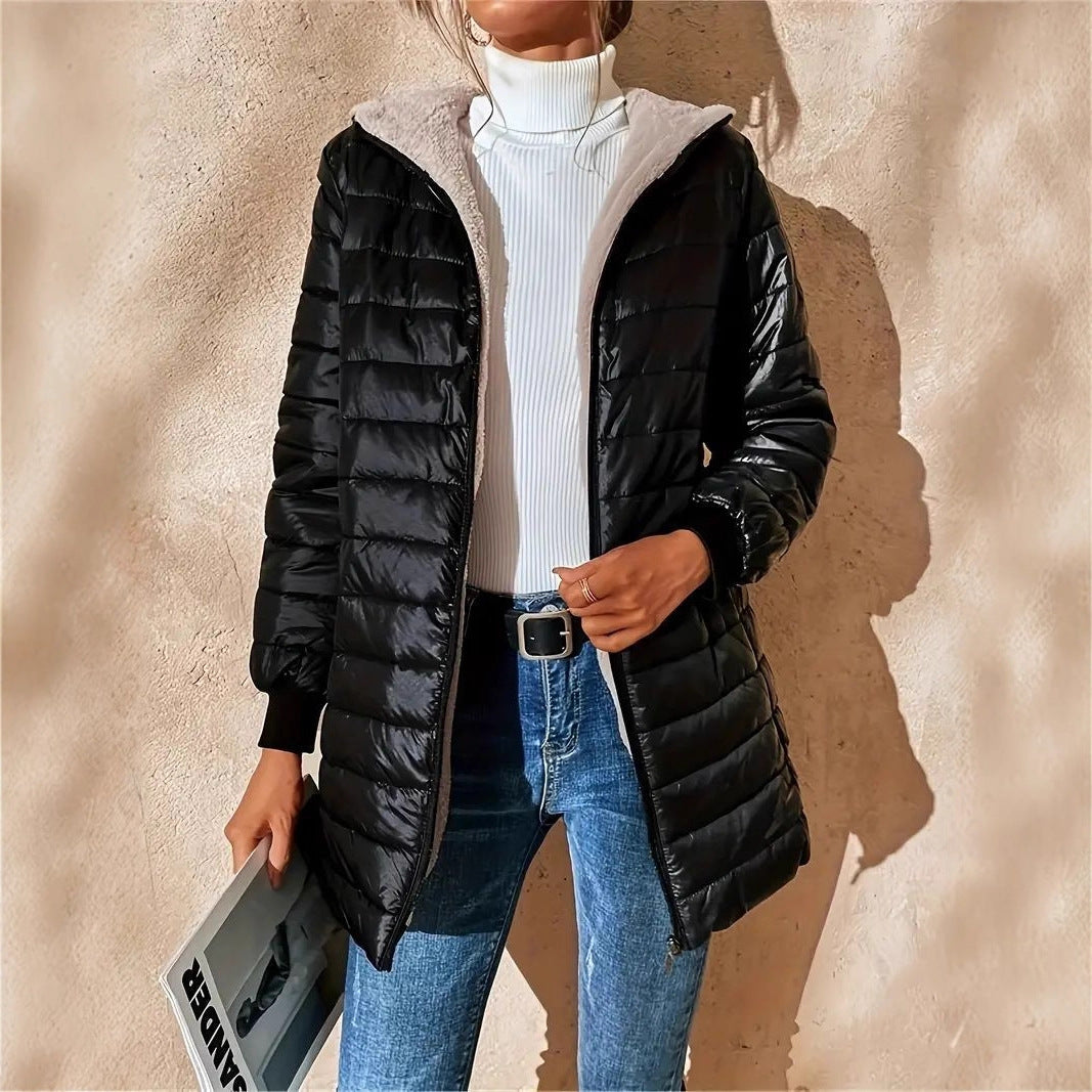 Damen Langer Steppmantel mit Teddyfutter und Kapuze EB