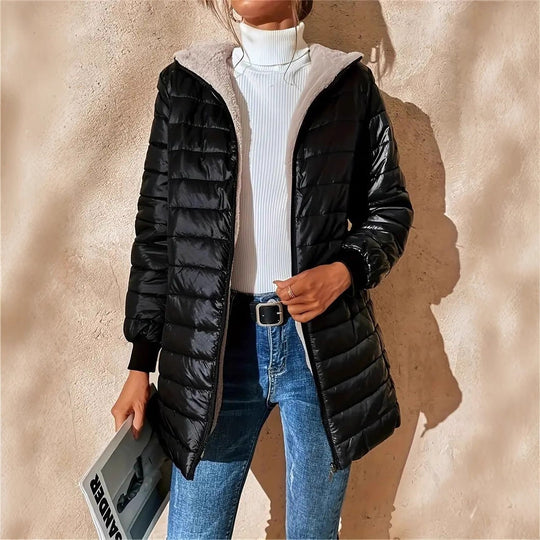 Damen Langer Steppmantel mit Teddyfutter und Kapuze EB