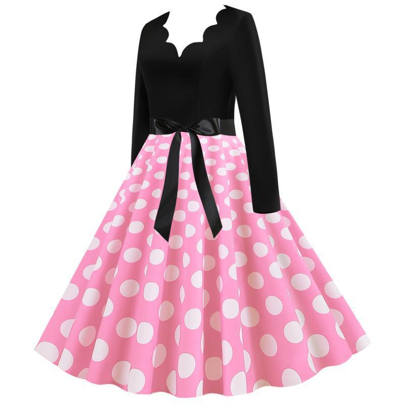 Damen Retro-Swingkleid mit langen Ärmeln tailliertem Oberteil gepunktetem Tellerrock und Schleifengürtel EB