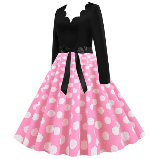 Damen Retro-Swingkleid mit langen Ärmeln tailliertem Oberteil gepunktetem Tellerrock und Schleifengürtel EB