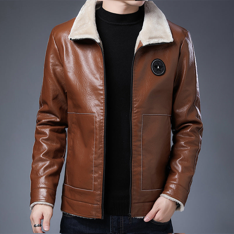 Herren Kunstleder‑Fliegerjacke mit durchgehendem Teddyfutter und Stehkragen EB
