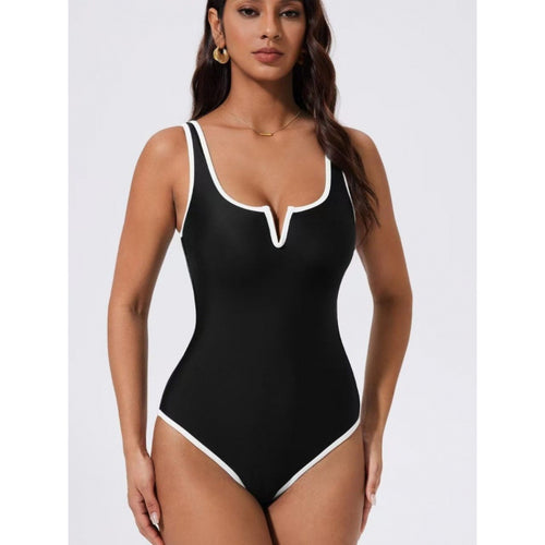 Damen Einteiliger Badeanzug mit tiefem V-Ausschnitt und kontrastierenden Details EB