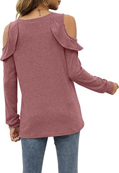 Damen Elegantes Langarmoberteil mit Rüschendetails und Kalt-Schulter Design EB