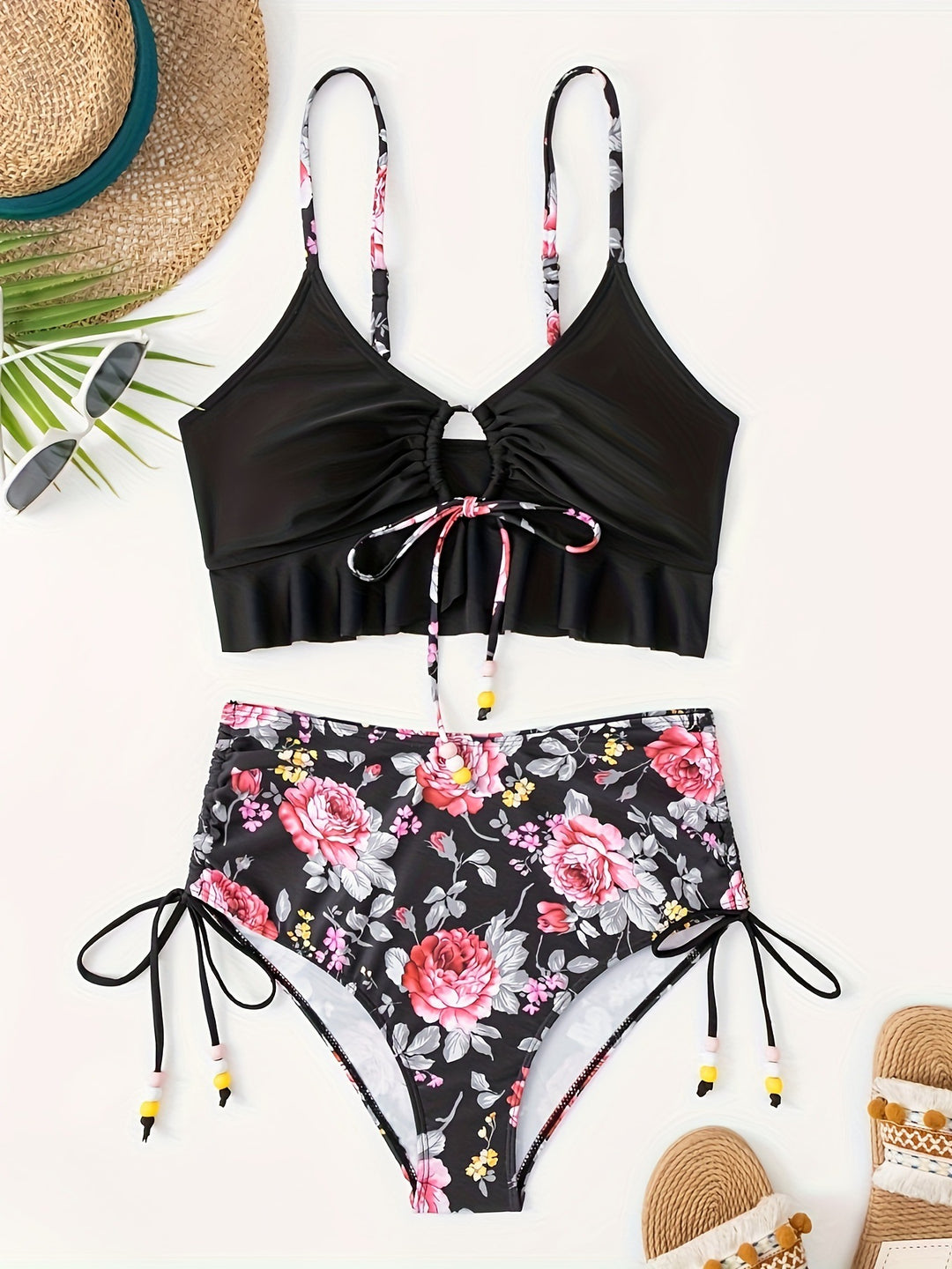 Damen Bikini-Set mit verspieltem Blumenmuster und seitlichem Bindeband EB