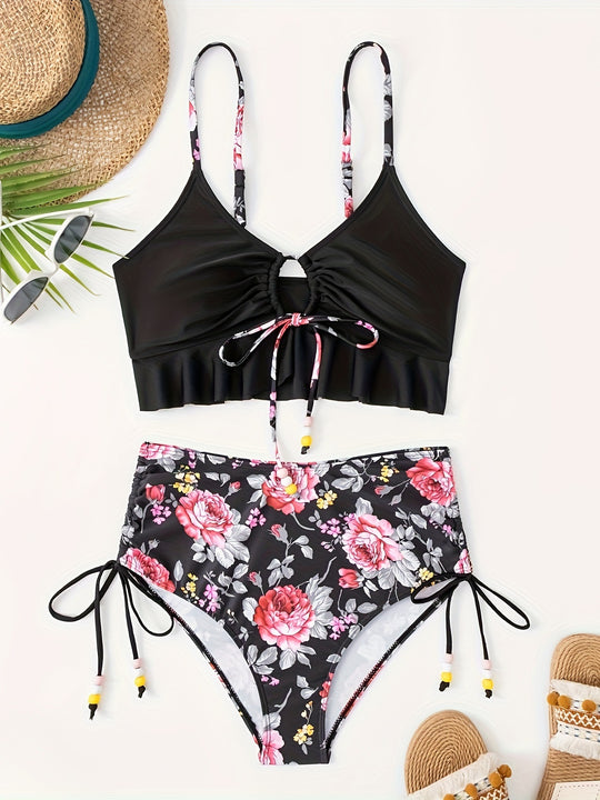 Damen Bikini-Set mit verspieltem Blumenmuster und seitlichem Bindeband EB
