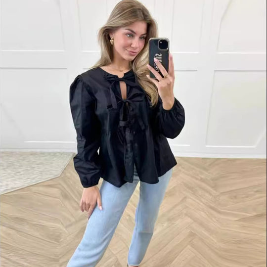 Damen elegante Bluse mit Rüschendetails und Bindeband EB