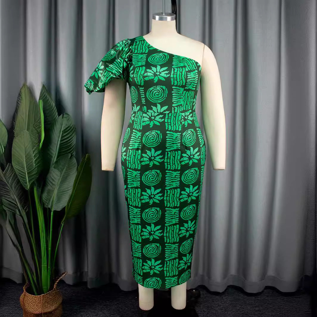 Damen körpernahe Midi-Kleid mit asymmetrischem Schnitt und voluminösen Puffärmeln EB