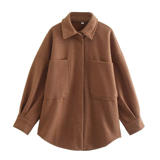 Damen Oversized Hemdjacke aus hochwertigem Wollmix mit praktischen Taschen EB