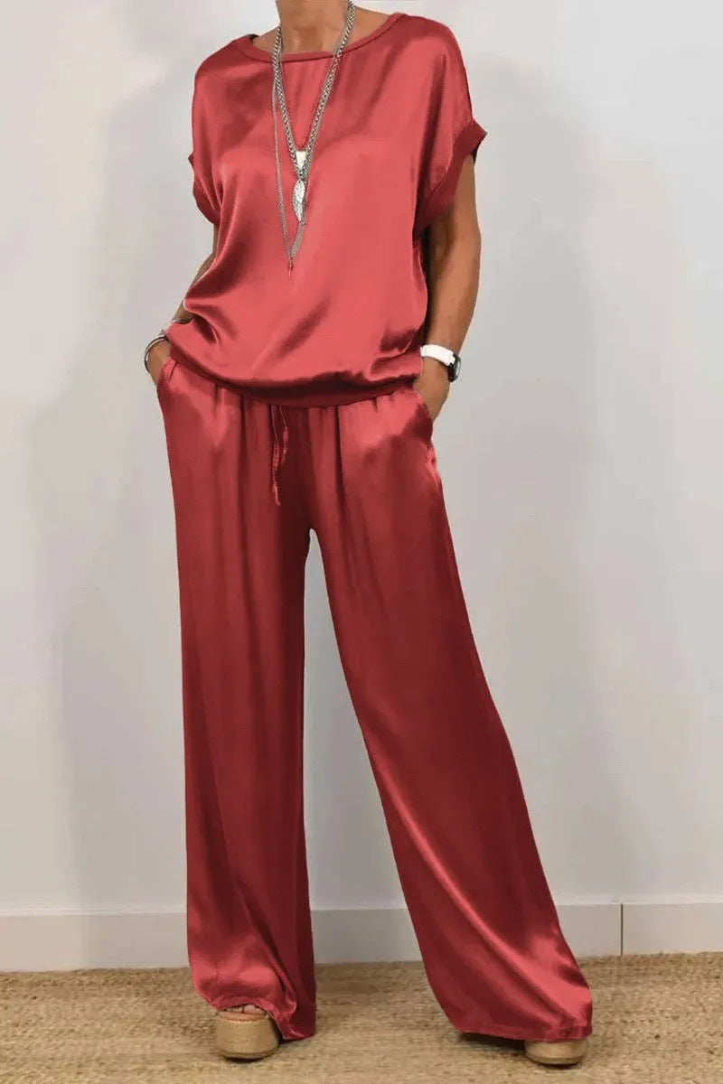 Damen Elegantes Satin Lounge-Set mit weitem Schnitt und lässigem Oberteil EB
