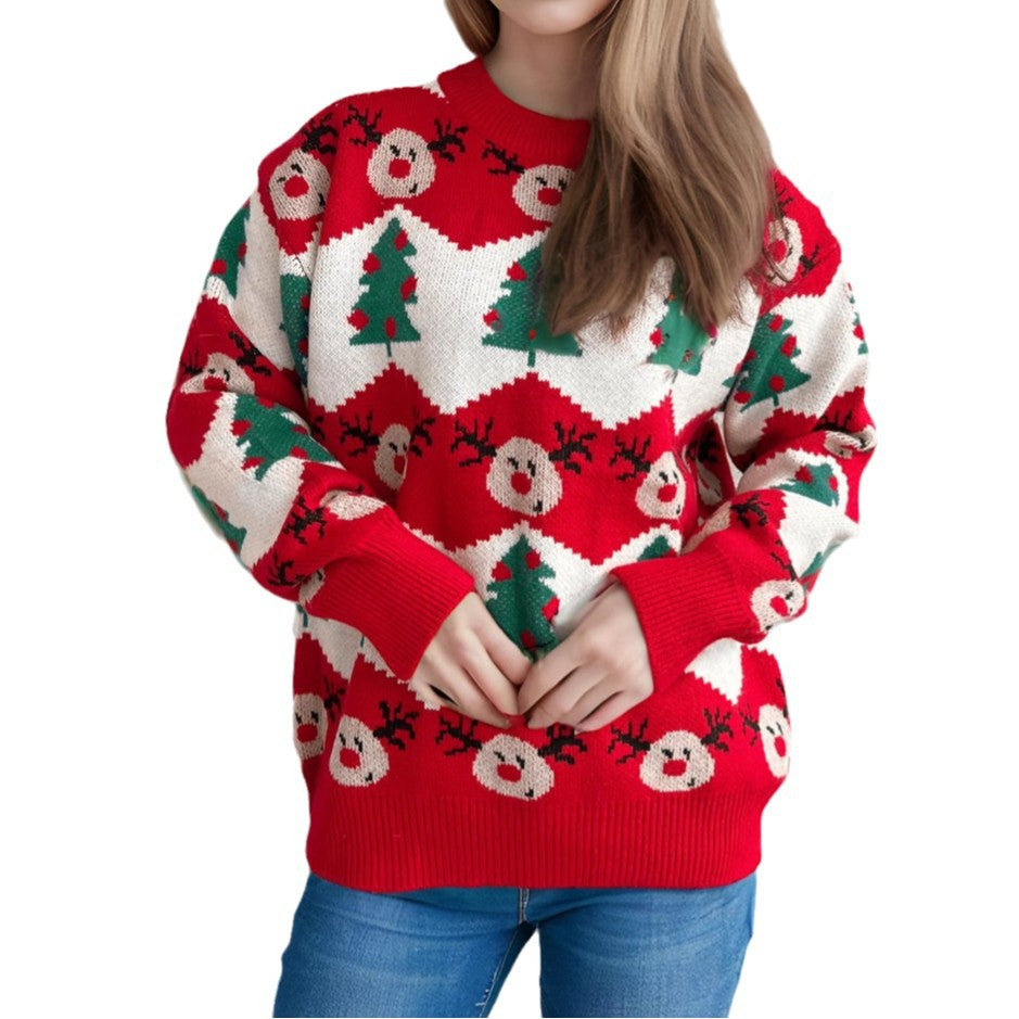 Damen Weihnachtspullover mit festlichem Rentier- und Weihnachtsbaum-Motiv EB