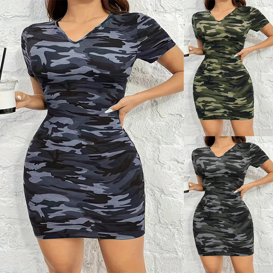 Damen figurbetontes Camouflage-Kleid mit V-Ausschnitt und elastischem Material EB