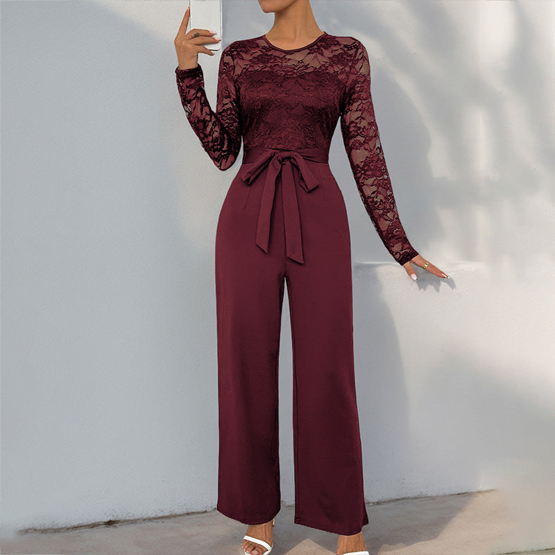 Damen Eleganter Jumpsuit mit Spitzenoberteil und tailliertem Bund EB
