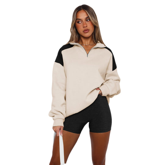 Damen lässiger Sweatshirt mit halbem Reißverschluss und kontrastierenden Ärmeln EB