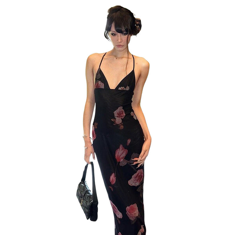 Damen Maxi Strandkleid mit floralem Mesh-Design und tiefem V-Ausschnitt EB