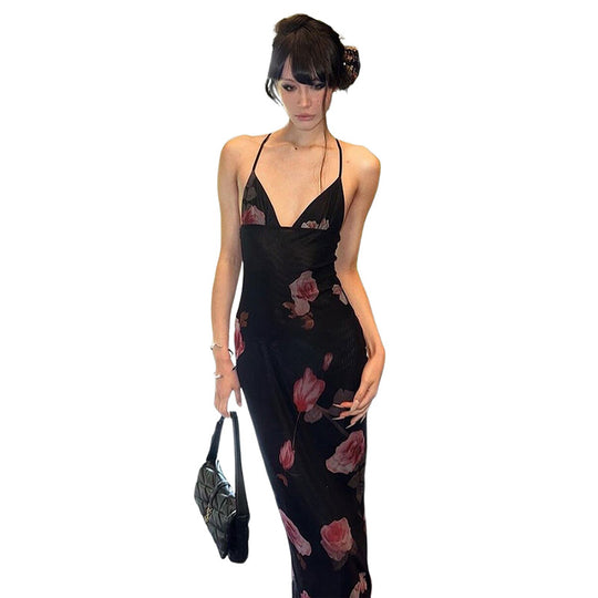 Damen Maxi Strandkleid mit floralem Mesh-Design und tiefem V-Ausschnitt EB