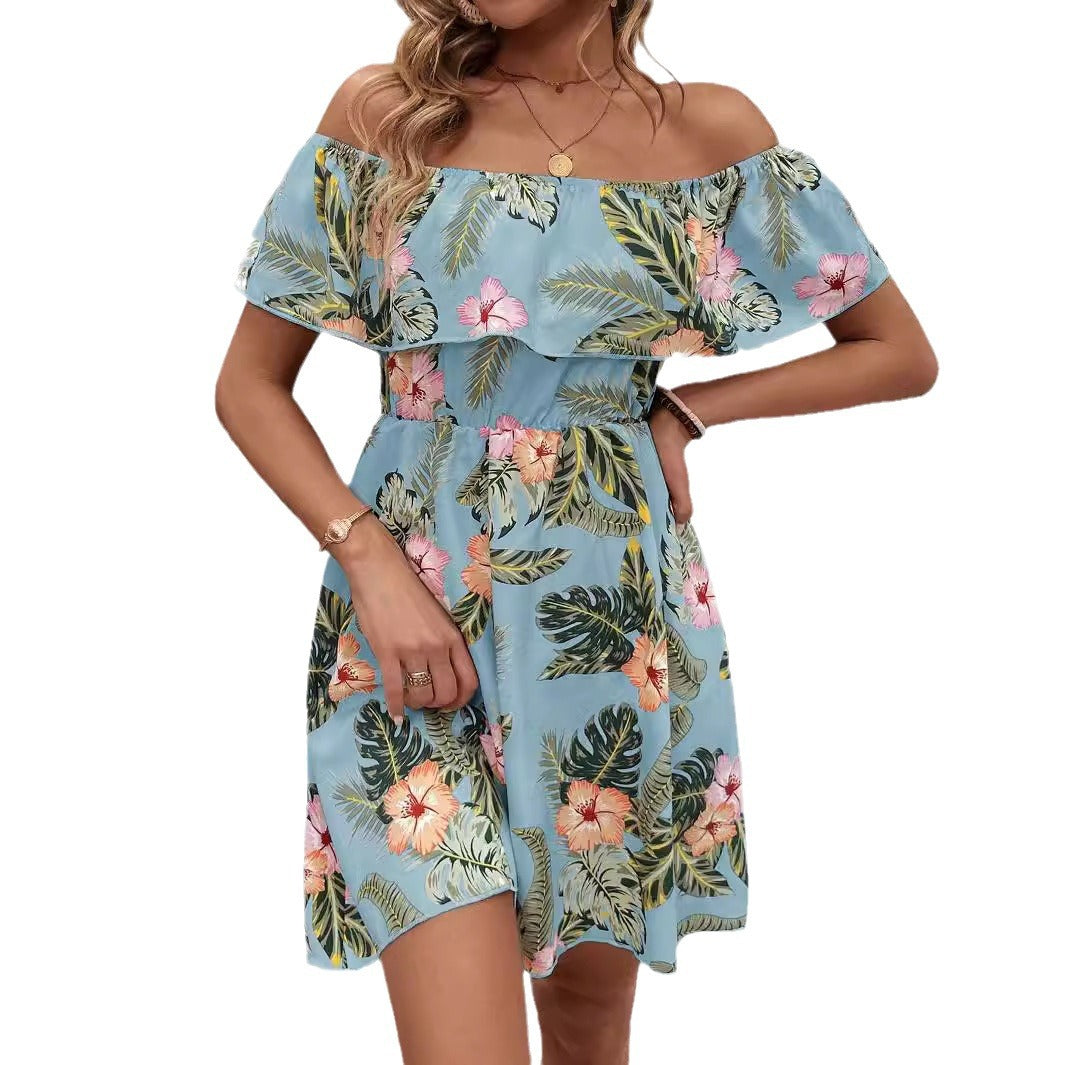 Damen Off-Shoulder Kleid mit floralem Muster und elastischem Taillenzug EB