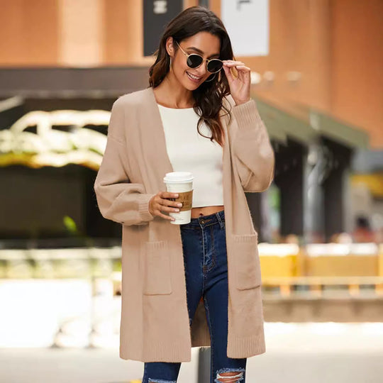 Damen Strickmantel mit weicher Struktur und praktischen Taschen EB