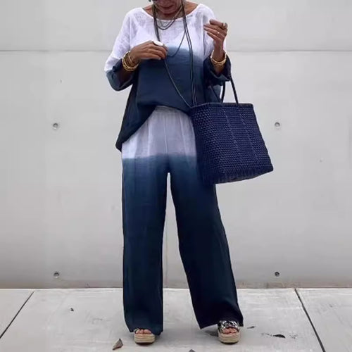 Damen lässiges Leinen-Outfit mit weiten Hosen und lockerer Bluse EB