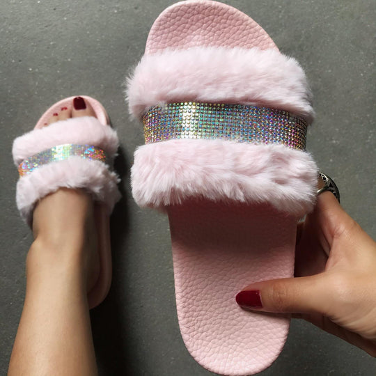 Damen Flauscher Slides mit Strass-Applikation EB