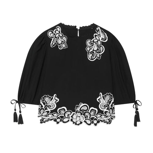 Damenbluse mit floraler Spitze und Volantärmeln EB