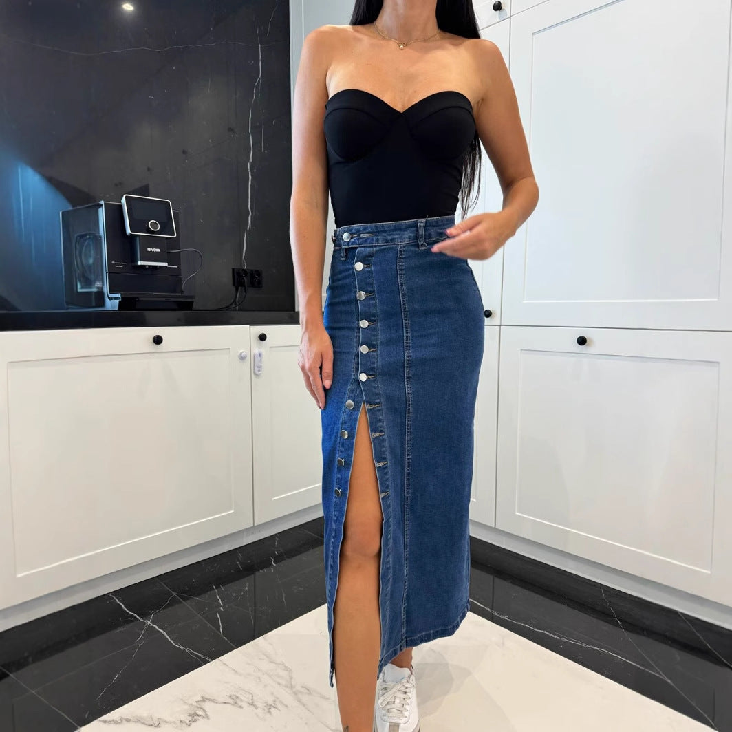 Damen Denim-Midirock mit seitlichem Schlitz und Knopfdetails EB