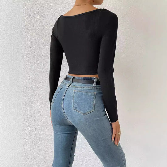 Damen Figurbetontes geripptes Kurzshirt mit herzförmigem Ausschnitt EB