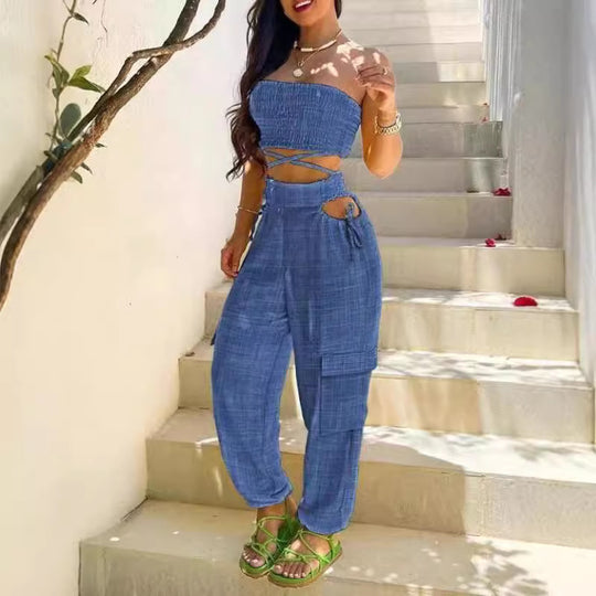 Damen Modischer Zweiteiler bestehend aus Crop Top und Cargo-Hose EB