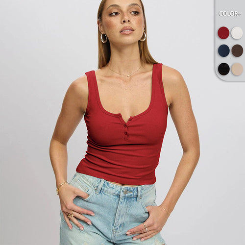 Damen körperbetontes Ripp-Top mit Knopfleiste und weitem Ausschnitt EB
