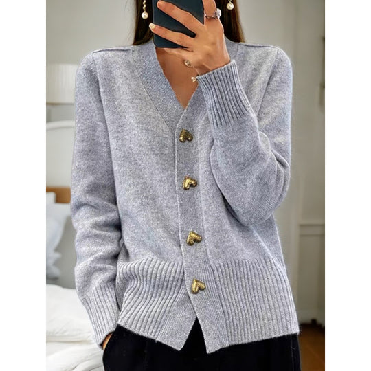 Damen kuschelige Strickjacke mit Herzknöpfen und V-Ausschnitt EB