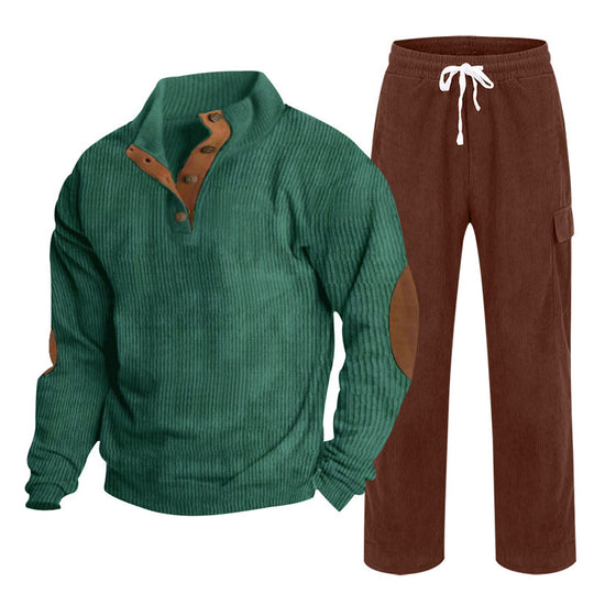 Herren nan Strick-Freizeitset mit Knopfleiste und Ellenbogenaufnähern sowie Cord-Cargohose EB
