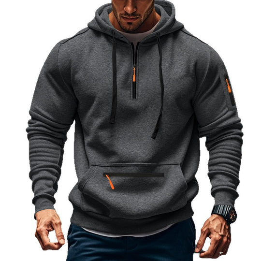 Herren nan technischer Halbzip-Outdoor-Hoodie mit verdeckter Kängurutasche, Reißverschluss-Ärmeltasche und integriertem Kabelkanal EB