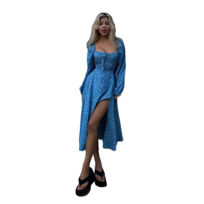 Damen Vintage-inspiriertes Midikleid mit quadratischem Ausschnitt, geraffter Brustpartie und langen Ärmeln EB