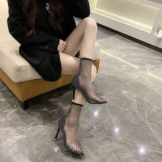 Damen spitze Netz High Heel Stiefeletten mit funkelnden Details EB