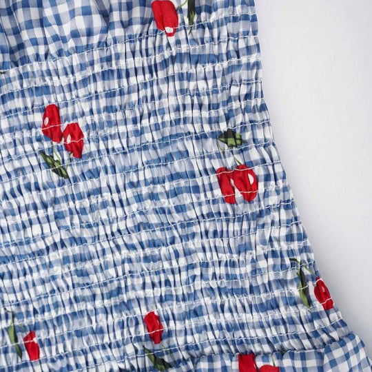 Damen Bluse mit floralem Karo-Muster und Rüschensaum EB