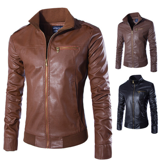 Herren modische Kunstlederjacke mit Reißverschluss und festem Kragen EB