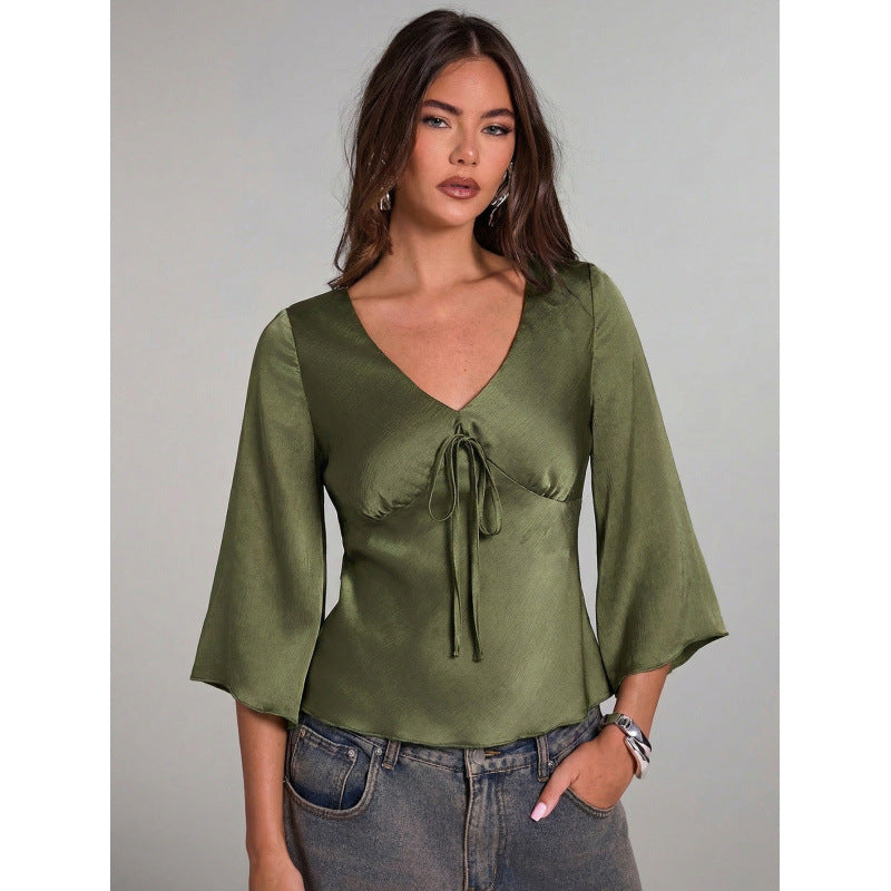 Damen Elegantes Oberteil mit Krawatte und weitem Ärmel EB