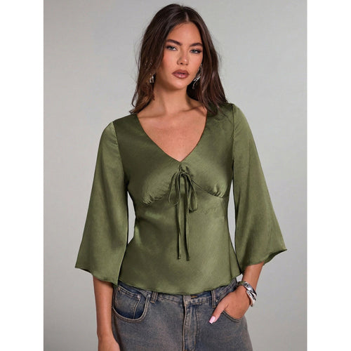 Damen Elegantes Oberteil mit Krawatte und weitem Ärmel EB
