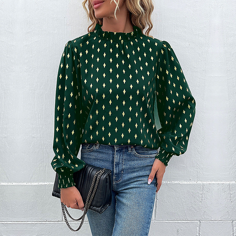Damen Bluse mit luxuriösem Musterdruck und elegantem Stehkragen EB