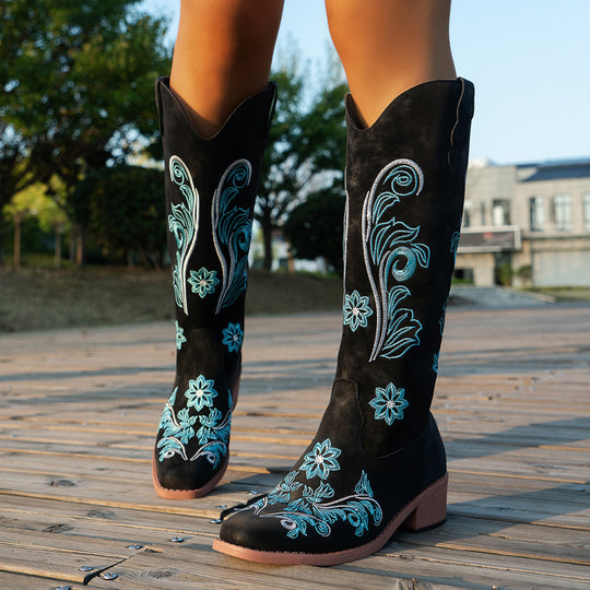 Damen Cowboy-Stiefel mit handgefertigten floralen Details und bequemem Blockabsatz EB