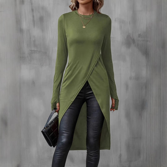Damen Langes asymmetrisches Wickel-Tunika-Top mit Frontschlitz EB