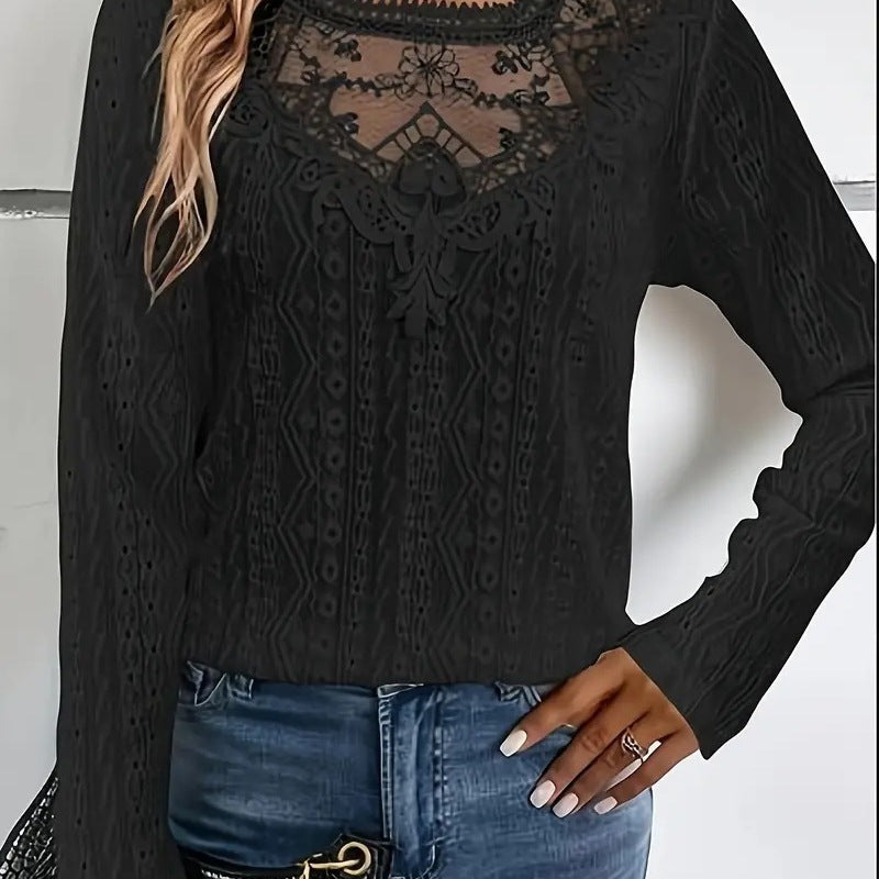 Damen elegante Bluse mit Spitzeneinsätzen und detailliertem Lochmuster EB
