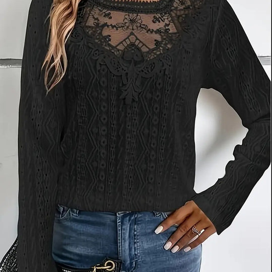 Damen elegante Bluse mit Spitzeneinsätzen und detailliertem Lochmuster EB