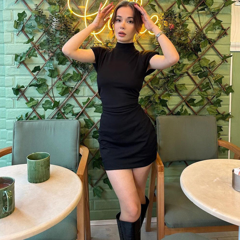 Damen Figurbetontes Kurzarmkleid mit Stehkragen und Raffung EB
