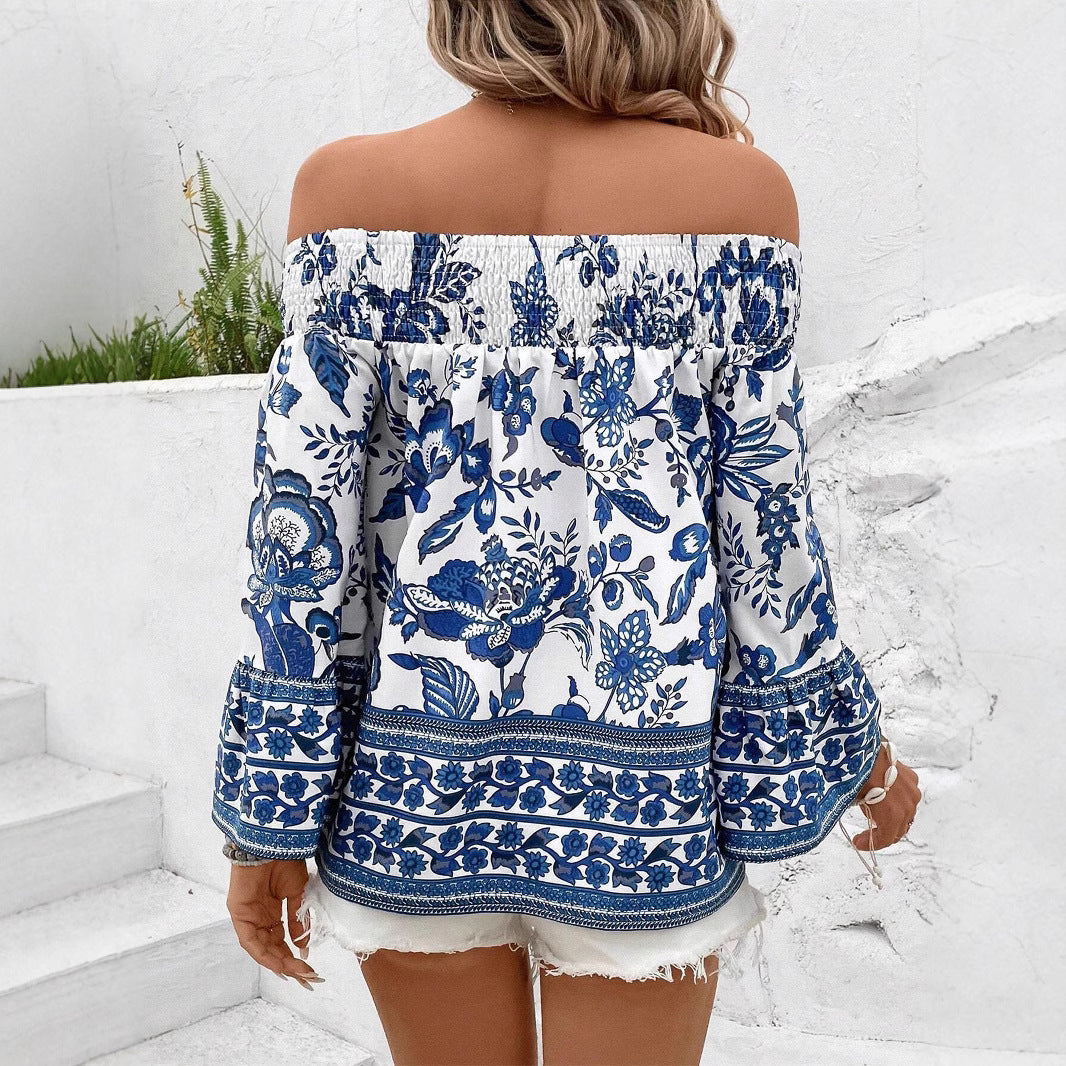 Damen Off-Shoulder Bluse mit floralen Stickereien und elastischem Bund EB