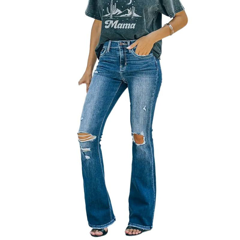 Damen Flared Jeans im Vintage-Style mit lässigem Destroyed-Effekt EB