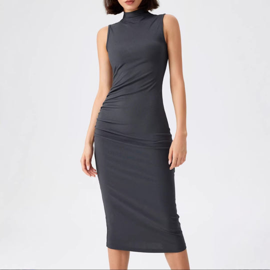 Damen elegantes Midi-Kleid mit figurbetontem Schnitt und hohem Kragen EB