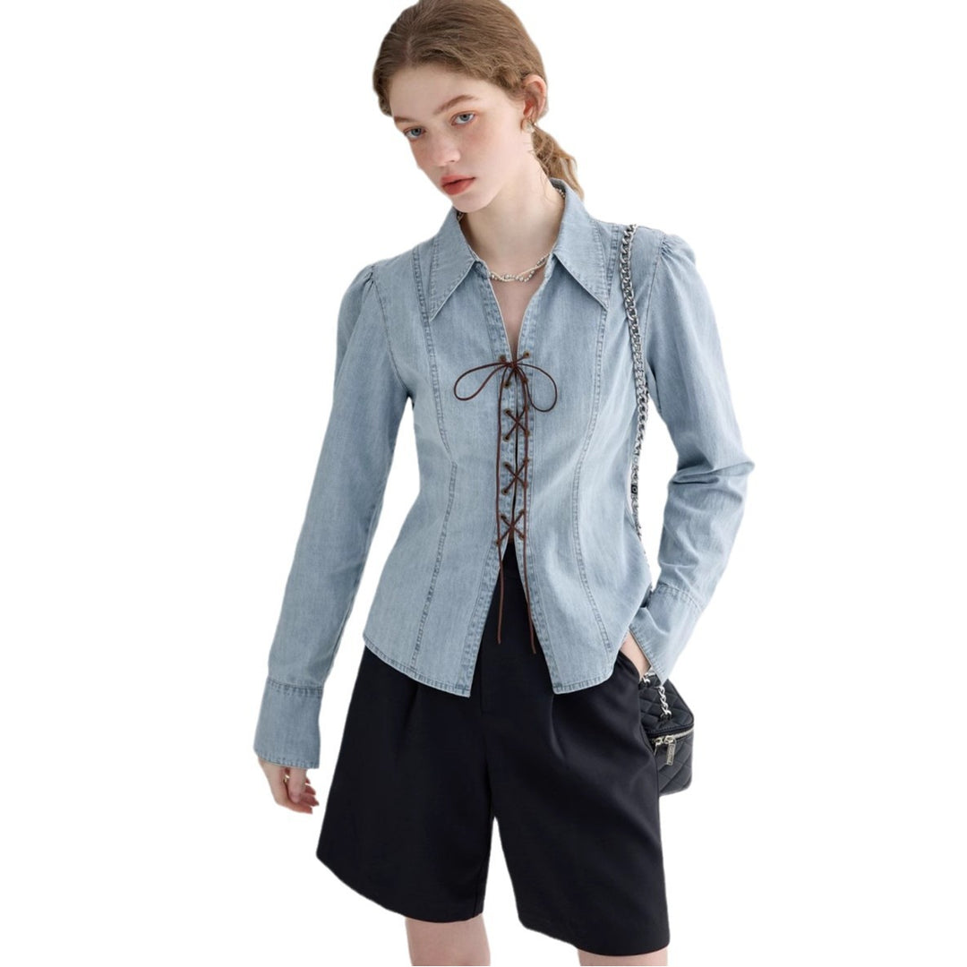 Damen Denim-Bluse mit historischem Schnürdetail und lässiger Passform EB